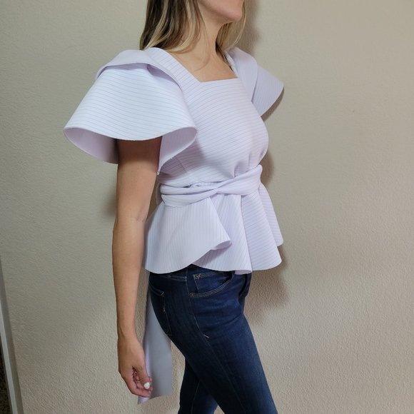 Shein White Top XS Stripe Short Sleeve Avant Garde Peplum Foam Womens - Picture 4 of 8